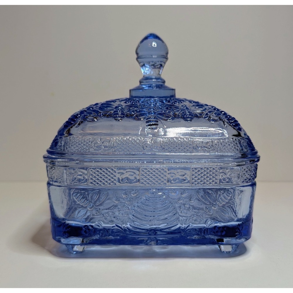 Vintage Horizon Blue Indiana Glass Tiara Honey Bee Box W/ Lid-Perfect - Picture 6 of 7